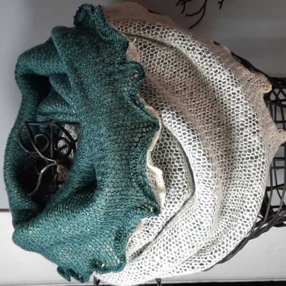 Cowl Scarf Two Tone Teal Cream Warm Cozy Woven Soft Acrylic Washable Beautiful - Picture 2 of 5